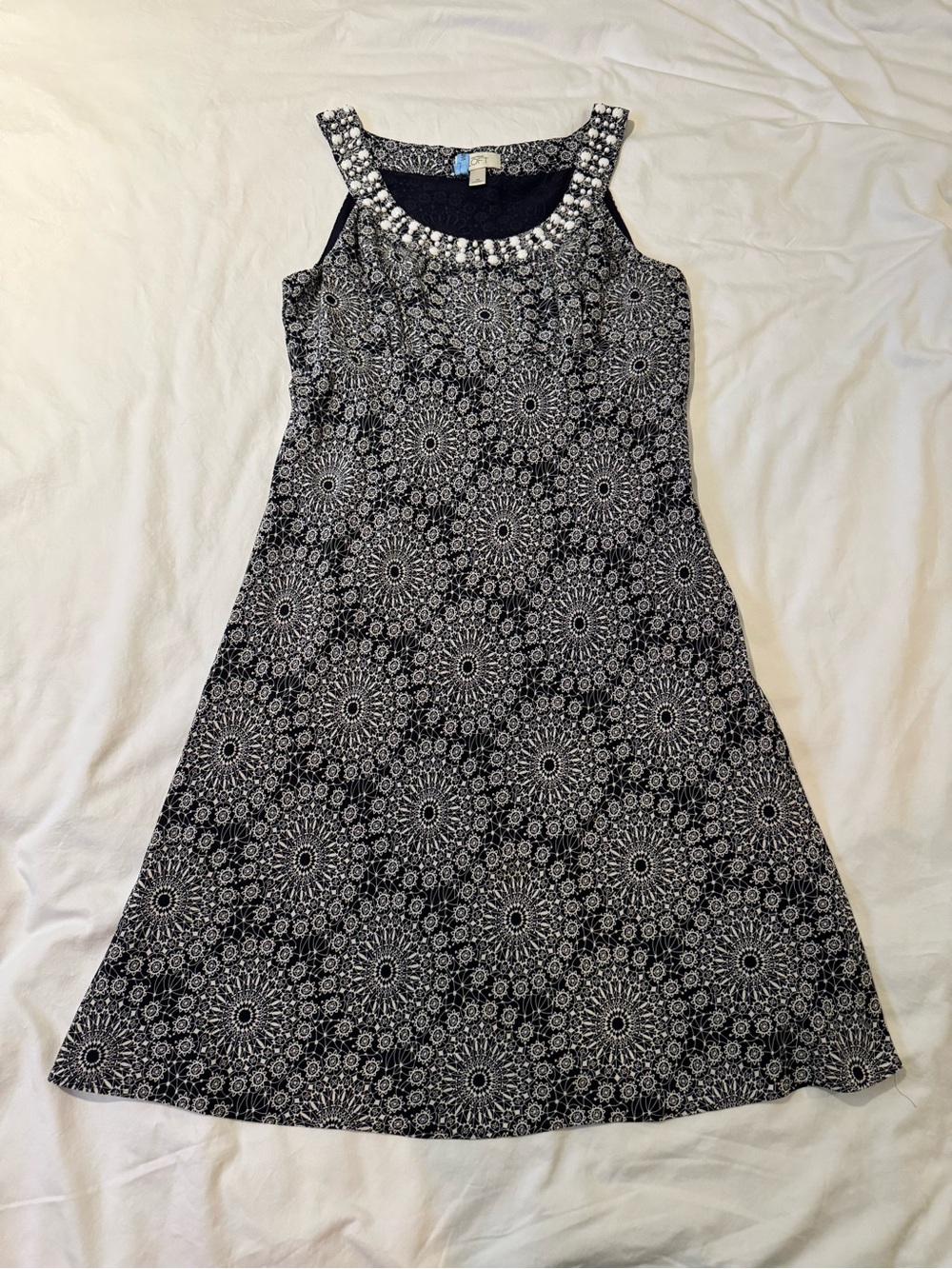 LOFT Navy Blue and White Beaded Neckline Sleeveless A-Line Dress Size 12